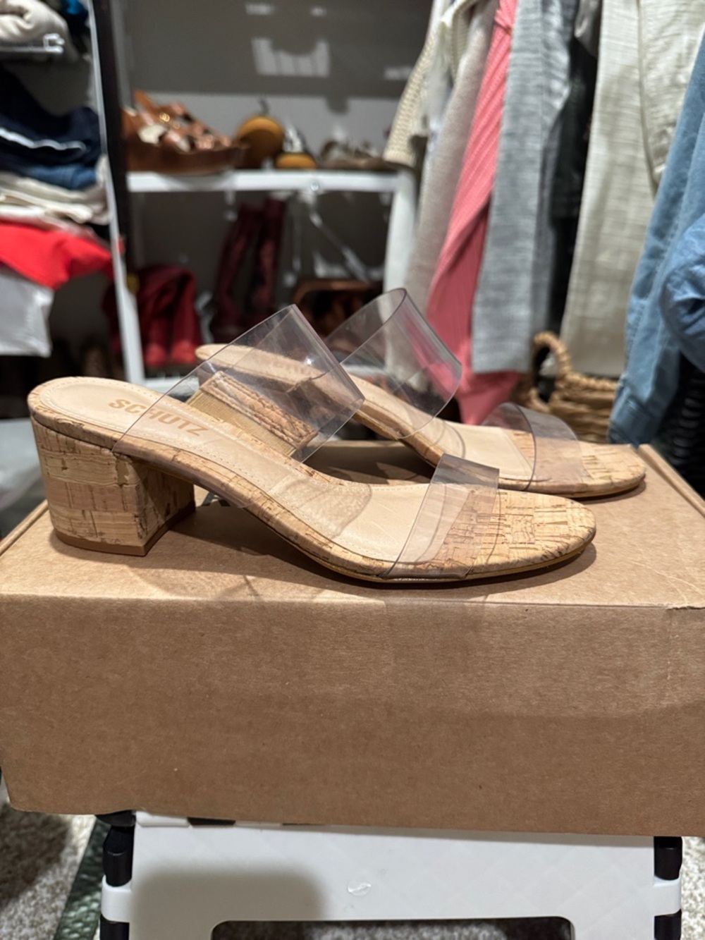 SCHUTZ Clear Strap Cork Block Heel Mules - Natural
